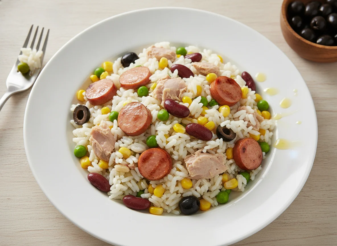 Rice salad with tuna, sausage, and vegetables photo