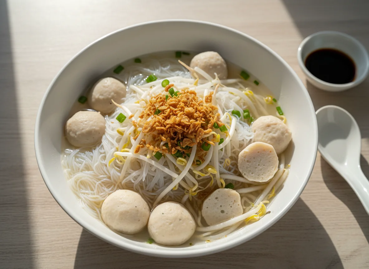 Rice Vermicelli Noodles with Fish Balls and Bean Sprouts photo