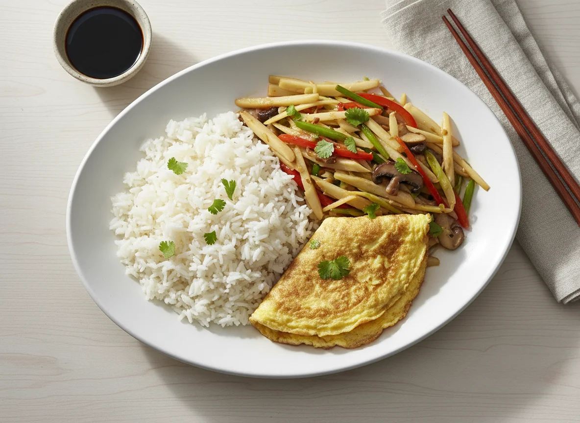 Rice with Bamboo Shoot Stir-fry and Omelette photo