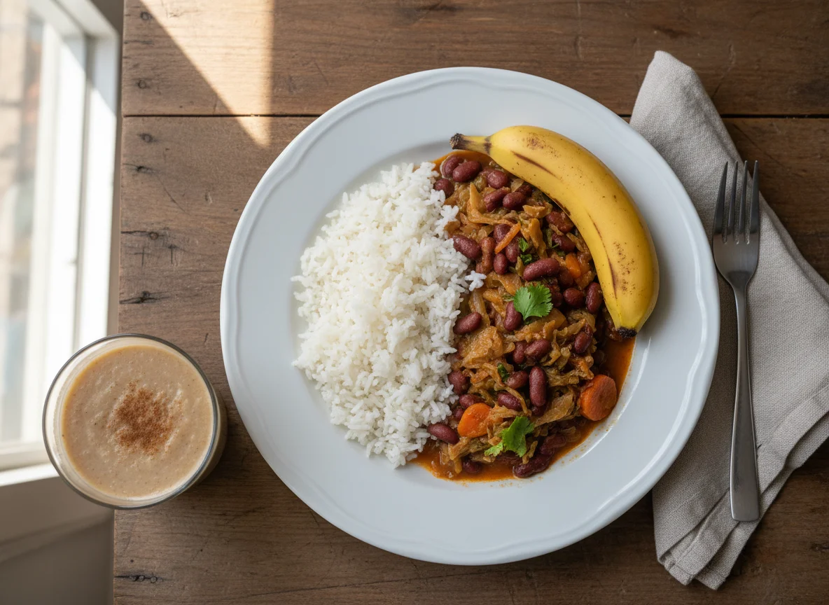 Rice with Bean and Cabbage Stew and Banana photo