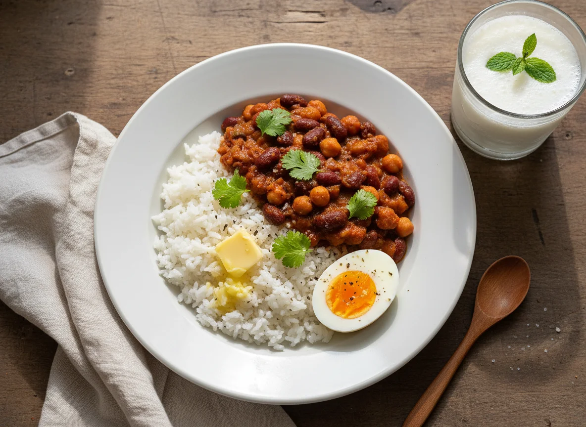 Rice with Bean Curry, Boiled Egg, Butter, and Laban Drink photo