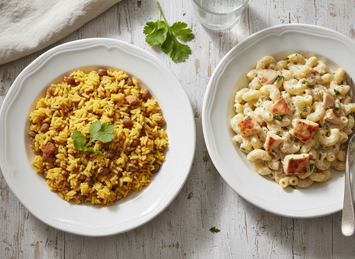 Rice with Beans and Creamy Chicken Pasta photo
