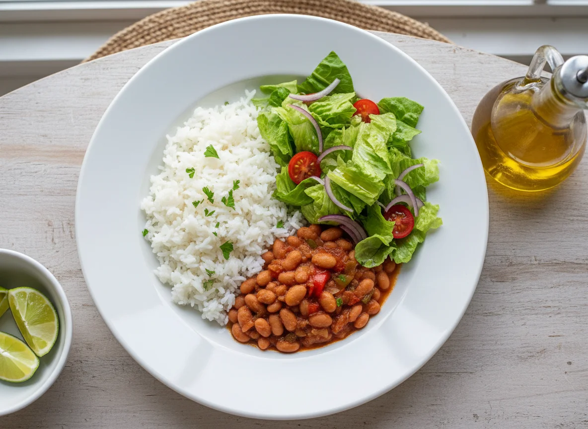 Rice with Beans and Salad photo