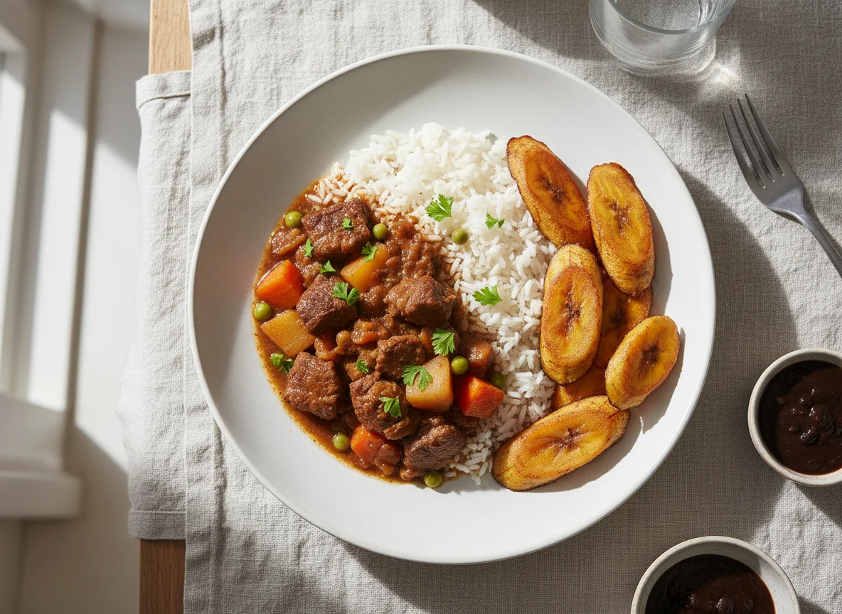 Rice with Beef Stew and Fried Plantain photo