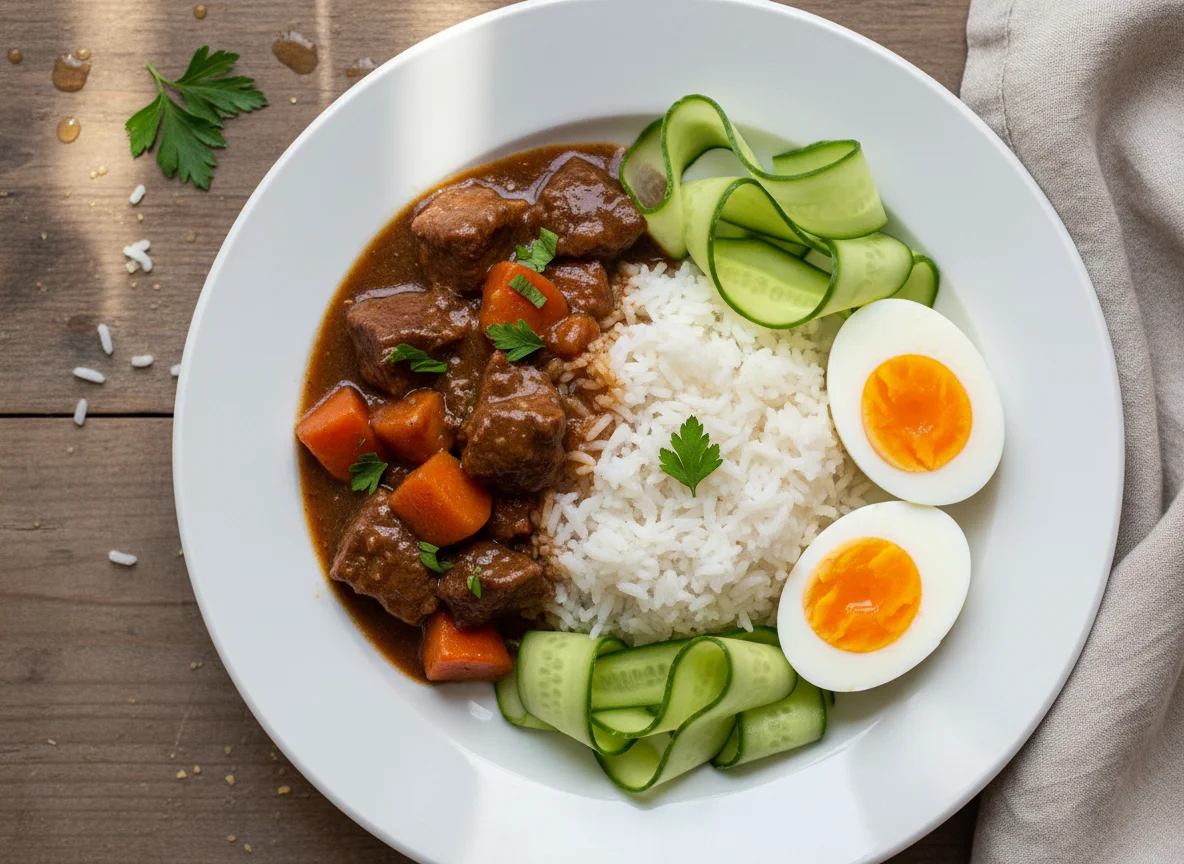 Rice with Beef Stew, Boiled Eggs, and Cucumber photo