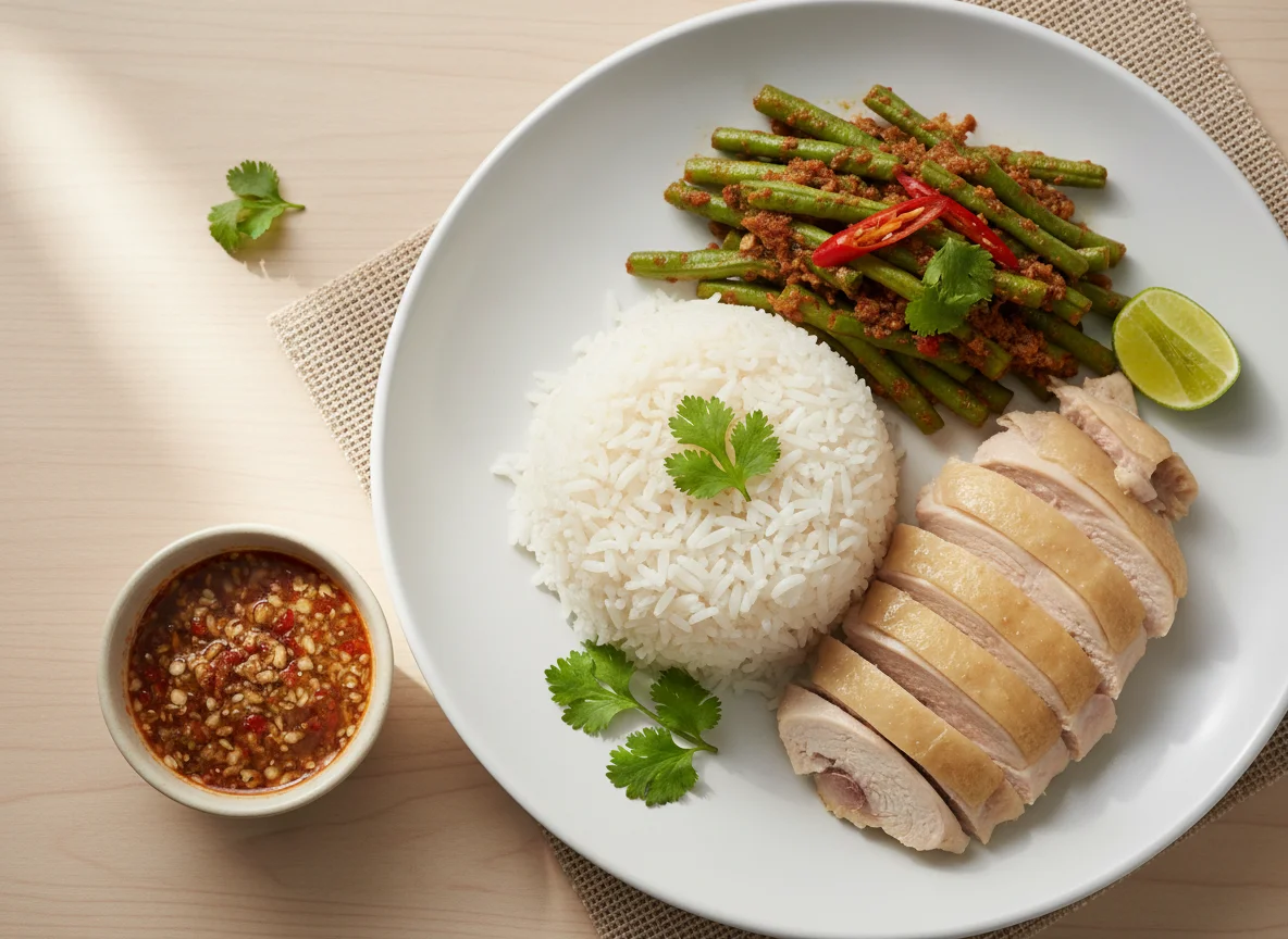 Rice with Boiled Chicken and Stir-fried Long Beans with Curry Paste photo