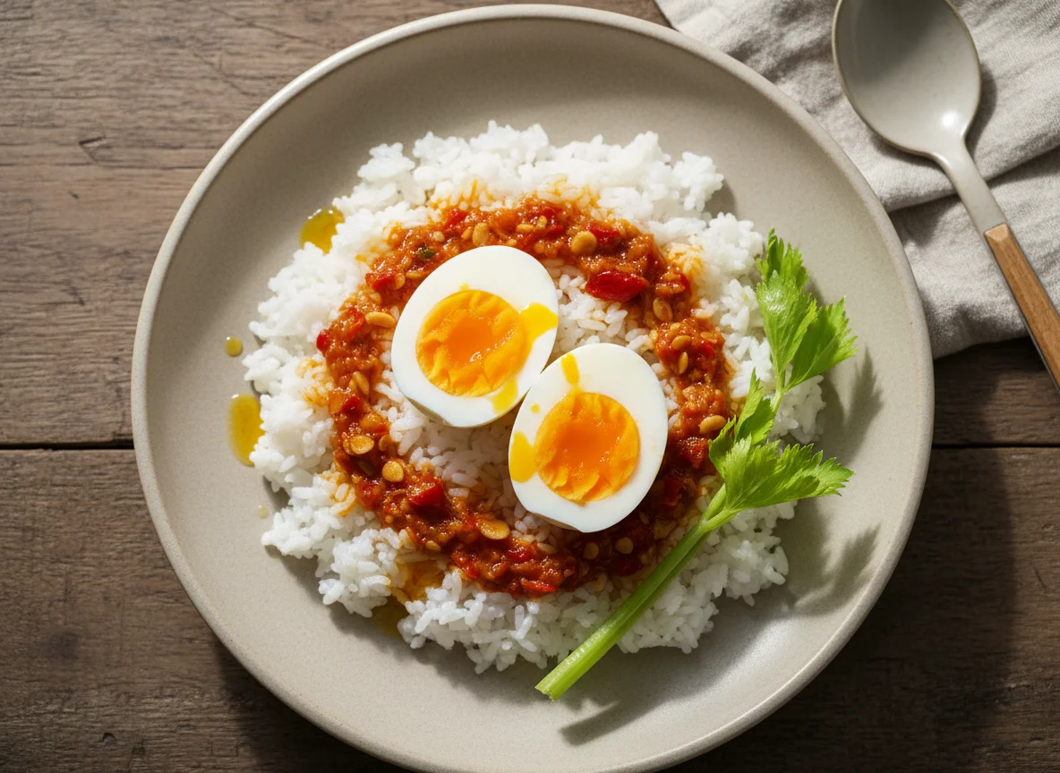 Rice with Boiled Egg and Chili Sauce photo