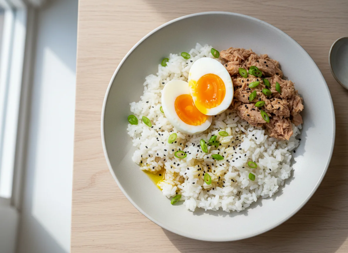 Rice with Boiled Egg and Tuna Flakes photo