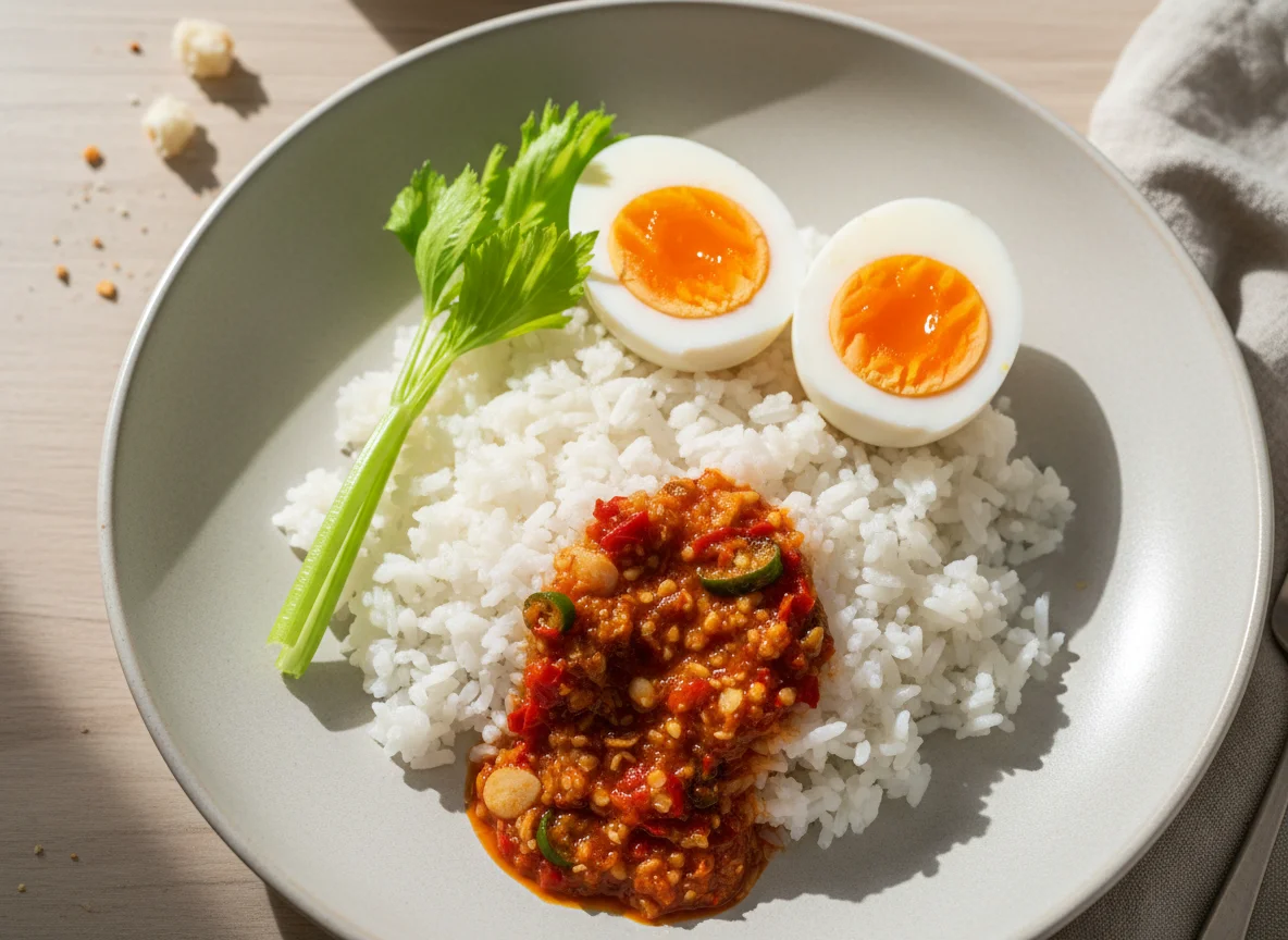 Rice with Boiled Eggs and Chili Sauce photo