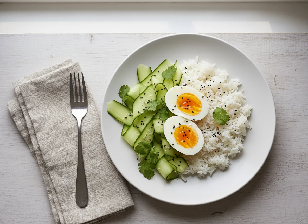 Rice with Boiled Eggs and Cucumber photo