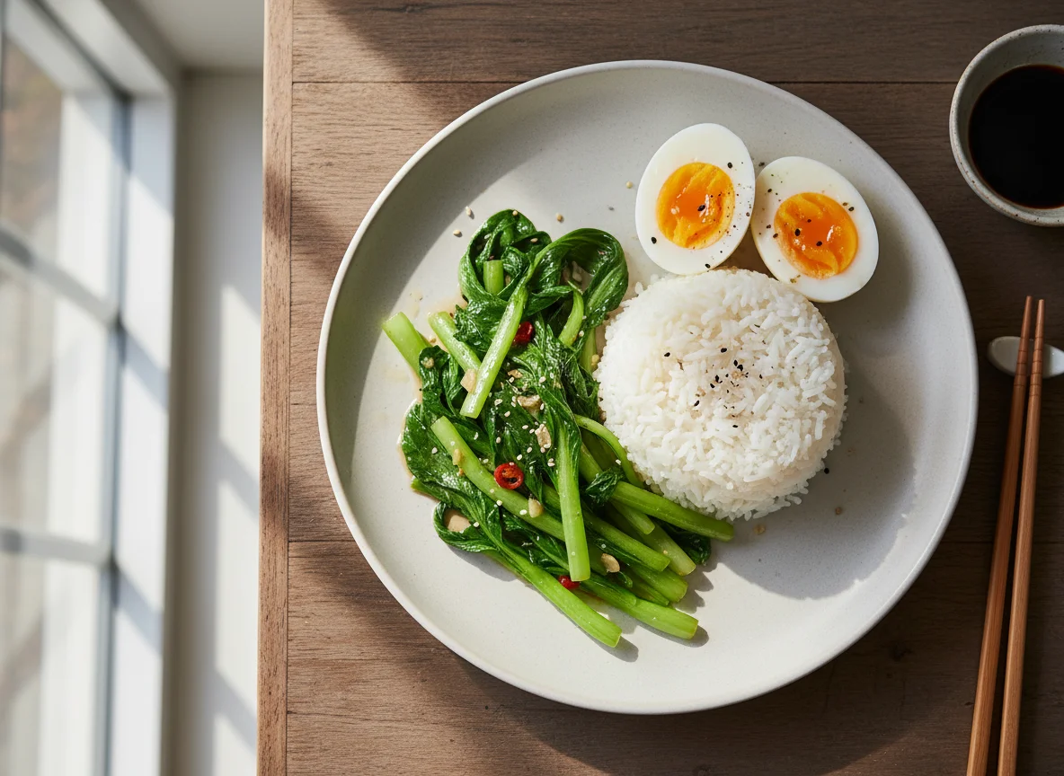 Rice with Boiled Eggs and Stir-fried Greens photo