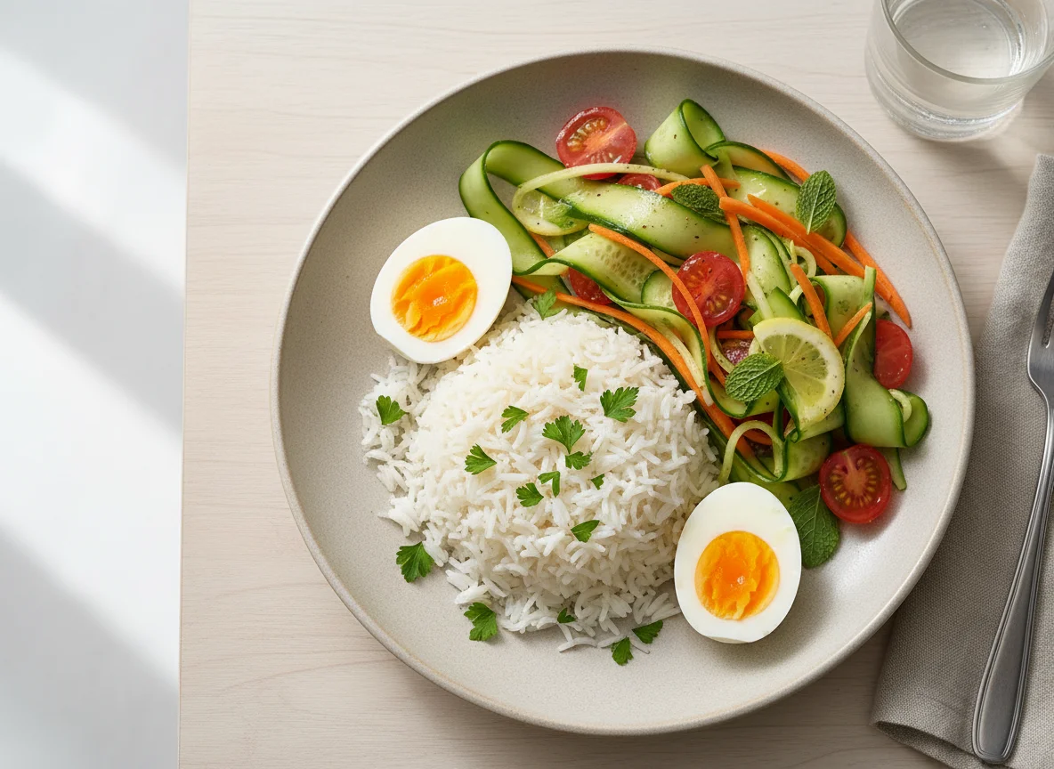 Rice with Boiled Eggs and Vegetable Salad photo