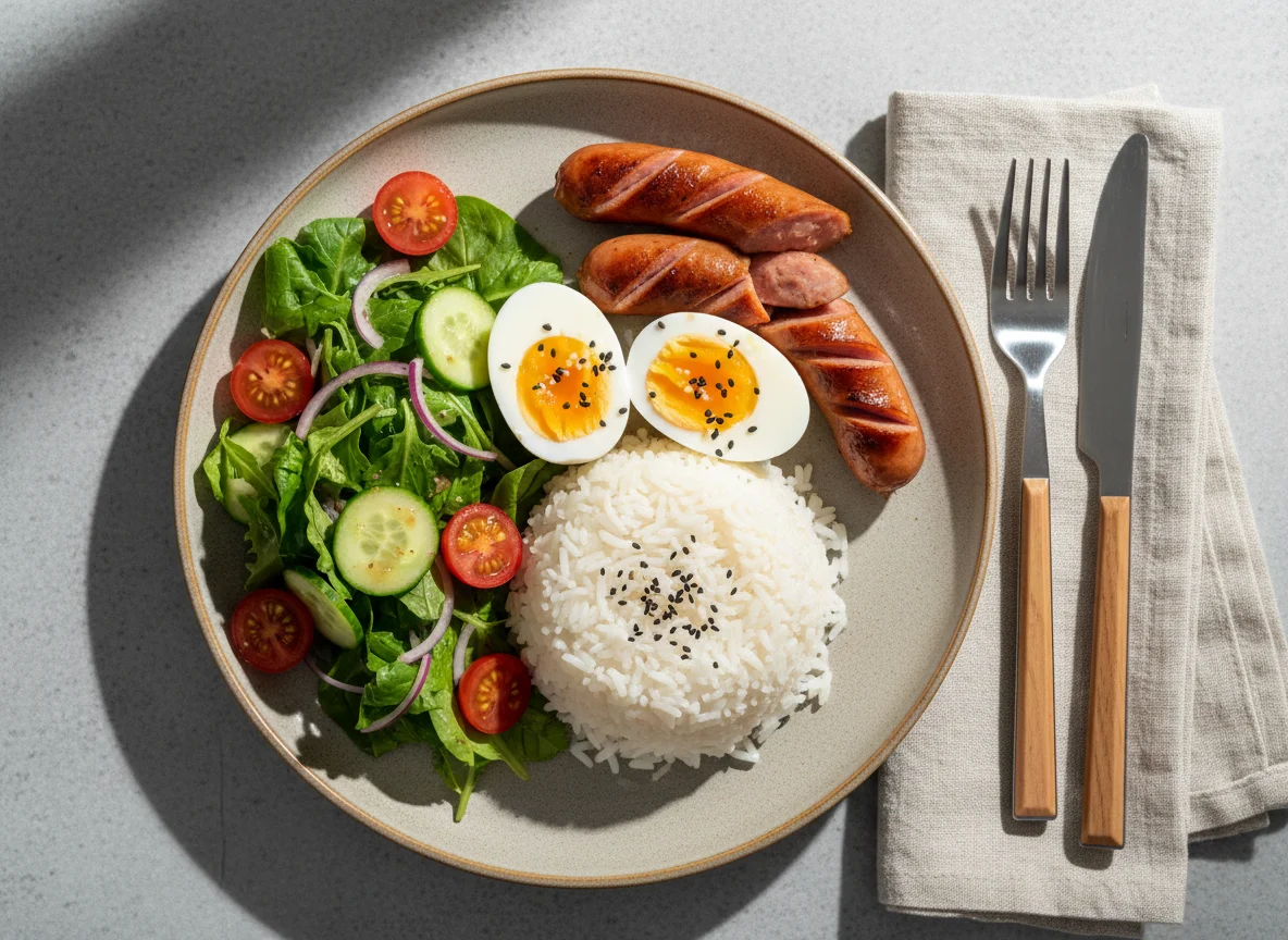 Rice with Boiled Eggs, Sausages and Salad photo
