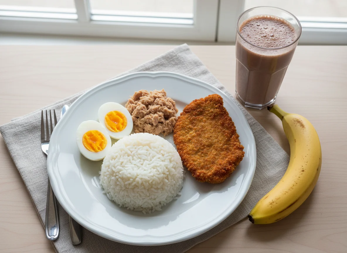 Rice with Boiled Eggs, Tuna, Fried Meat, Banana, and Chocolate Milk photo