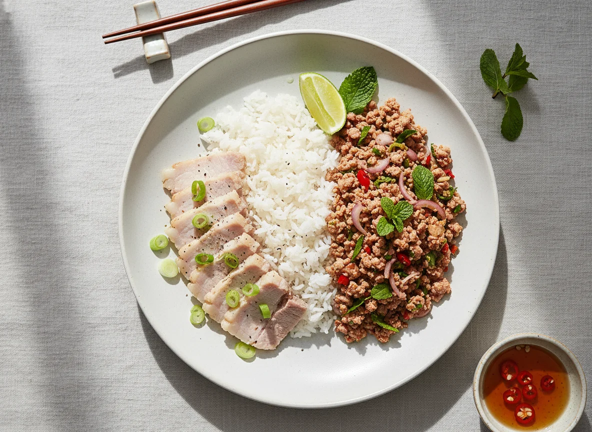 Rice with Boiled Pork and Spicy Minced Pork Salad photo