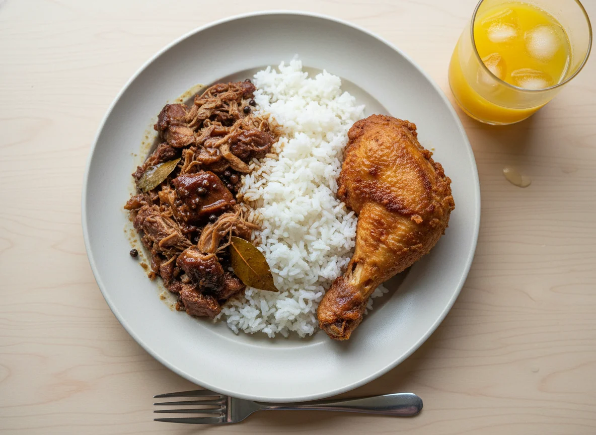 Rice with Braised Meat, Fried Chicken, and Orange Juice photo