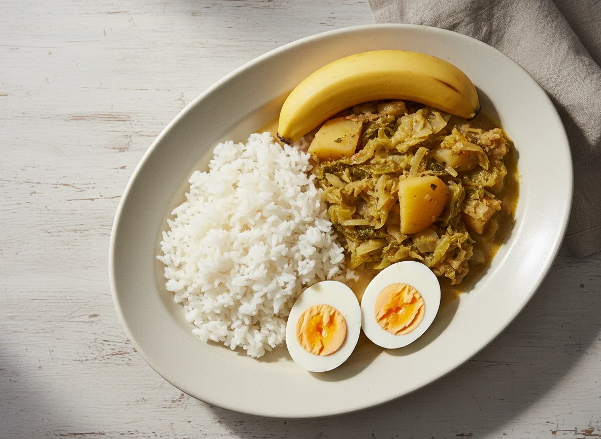 Rice with Cabbage and Potato Stew, Boiled Eggs, and Banana photo