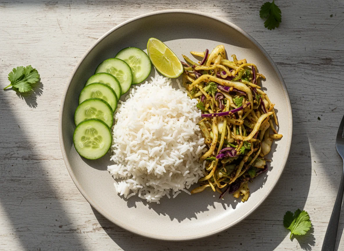 Rice with Cabbage Sabzi and Cucumber photo