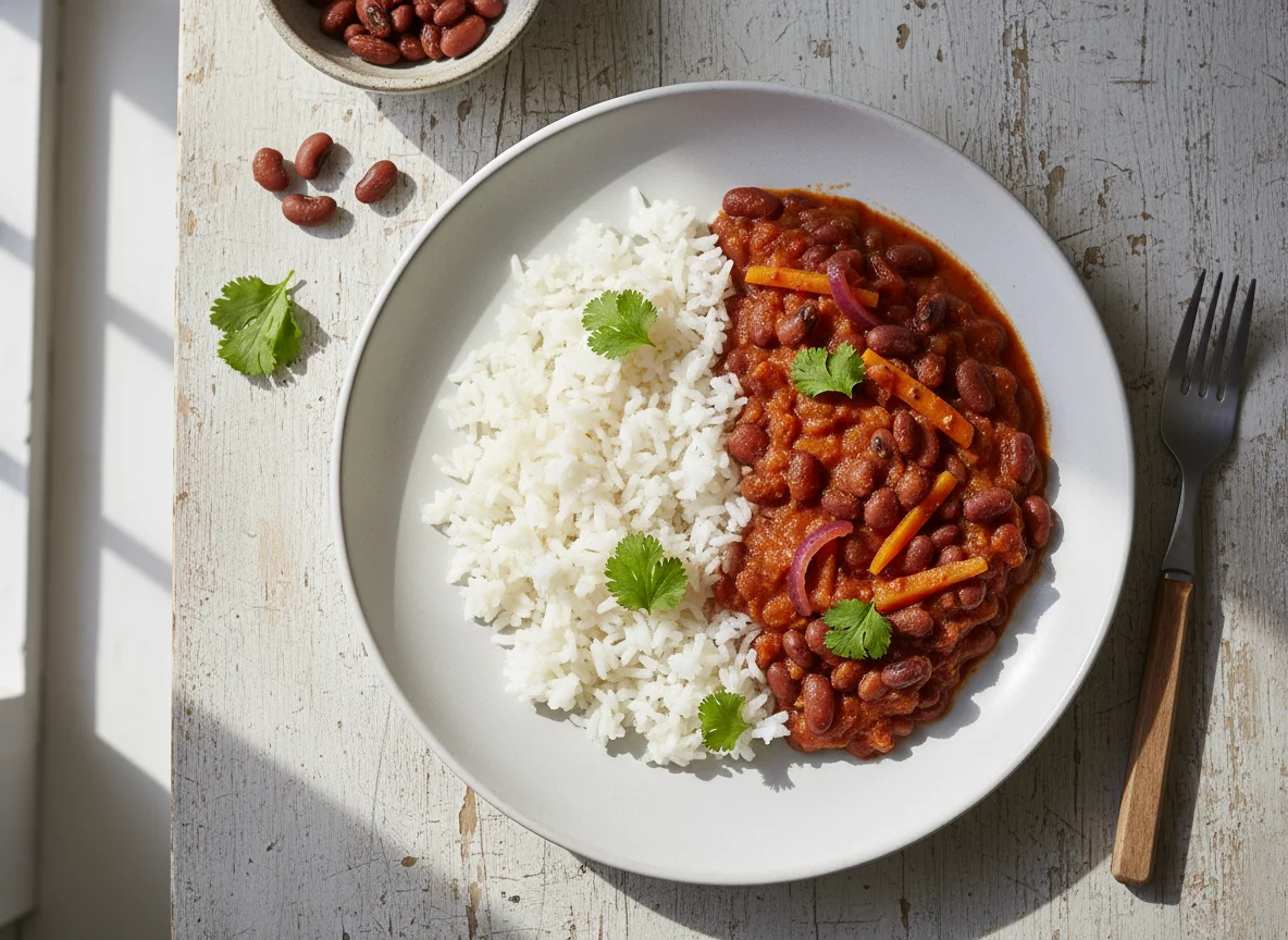 Rice with carrots and bean stew photo