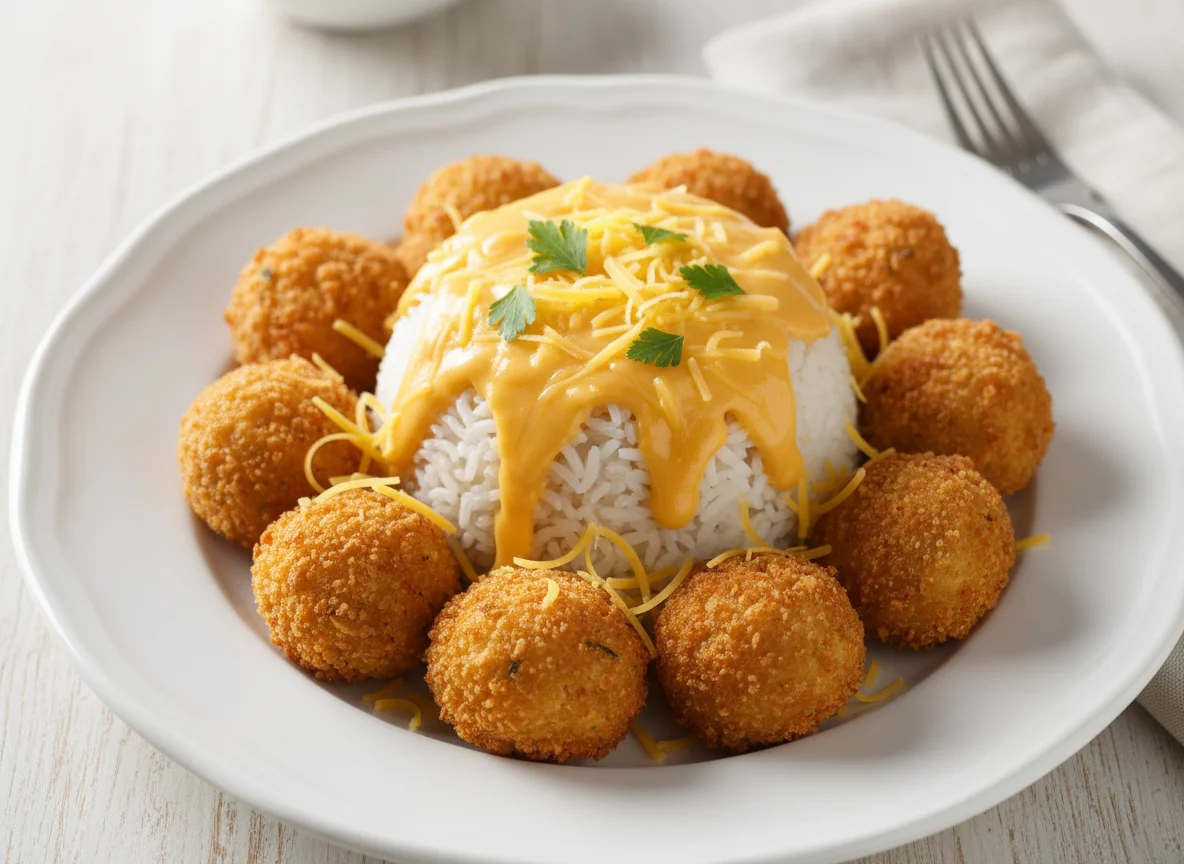 Rice with Cheese Sauce and Fried Dumplings photo
