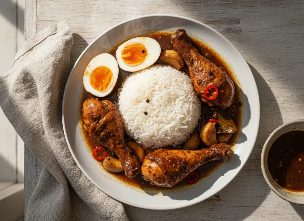 Rice with Chicken Adobo and Boiled Eggs photo