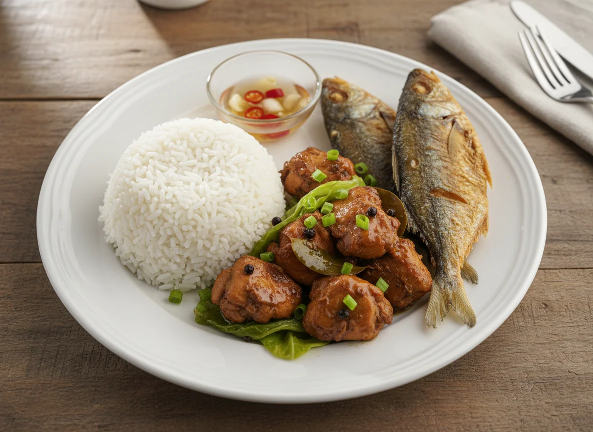 Rice with Chicken Adobo and Fried Fish photo