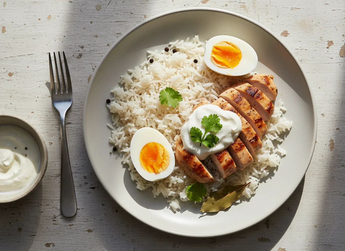Rice with Chicken and Hard-boiled Eggs photo