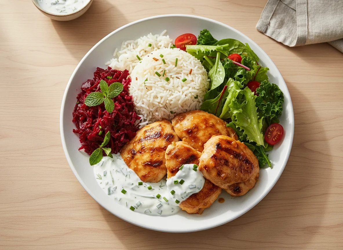 Rice with Chicken and Salads photo