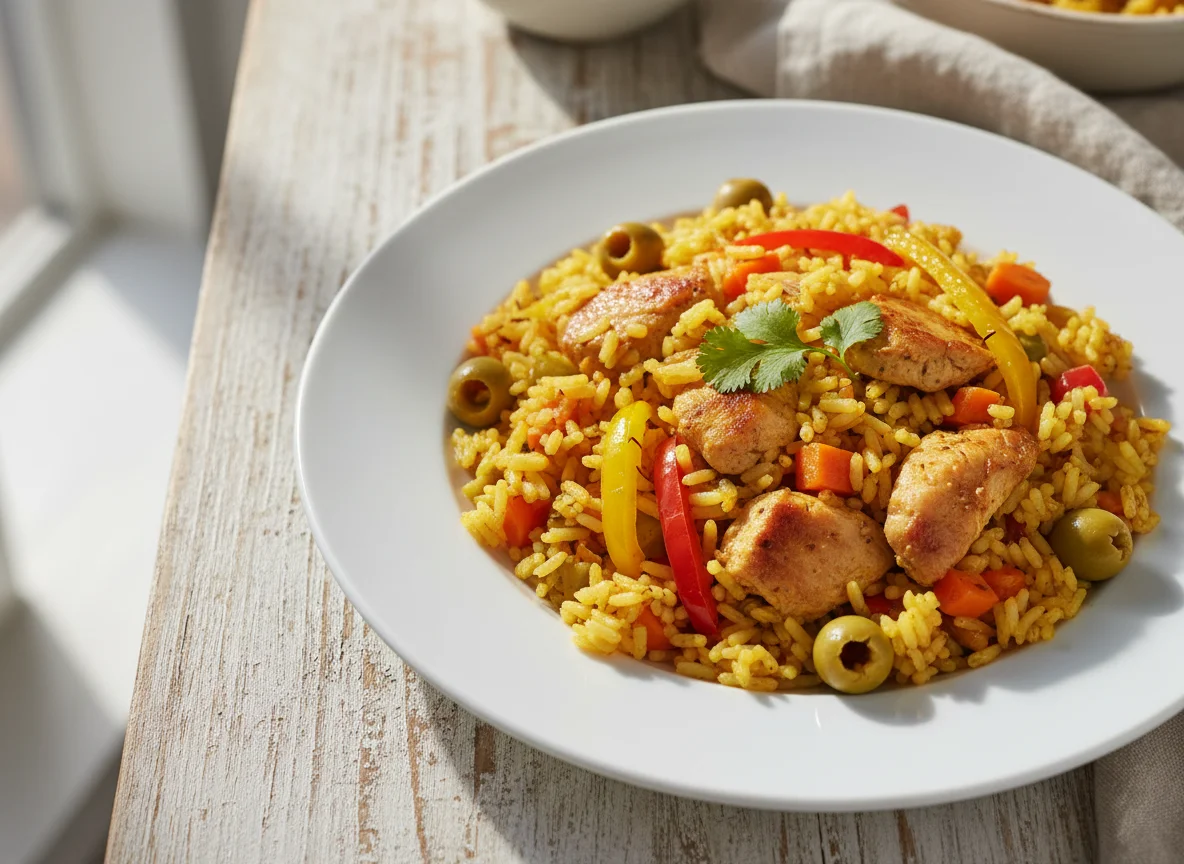 Rice with chicken and vegetables photo