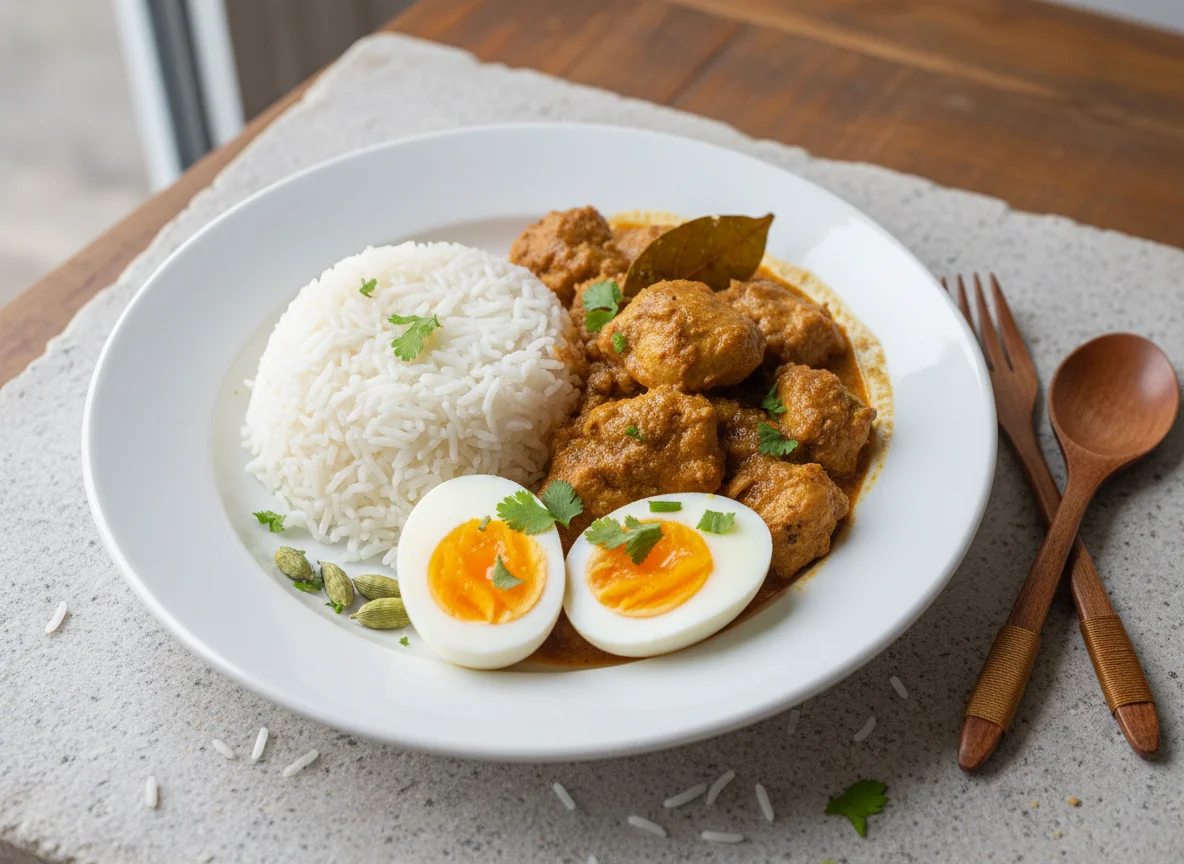 Rice with Chicken Curry and Boiled Eggs photo