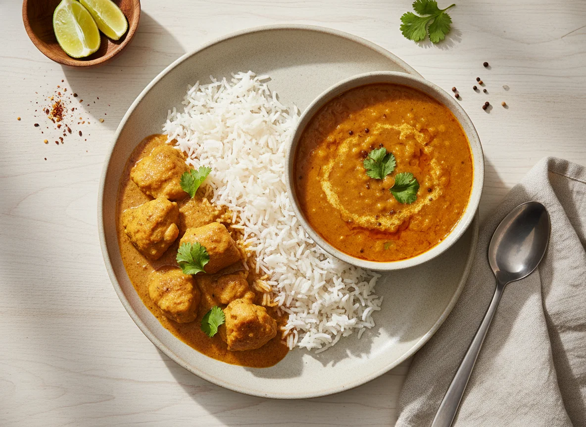 Rice with Chicken Curry and Dal photo