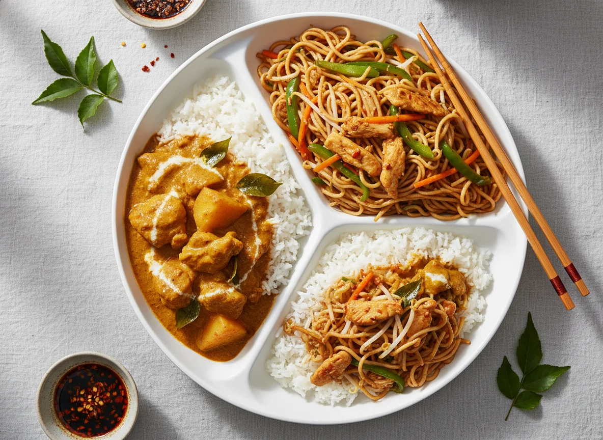 Rice with Chicken Curry and Noodles photo