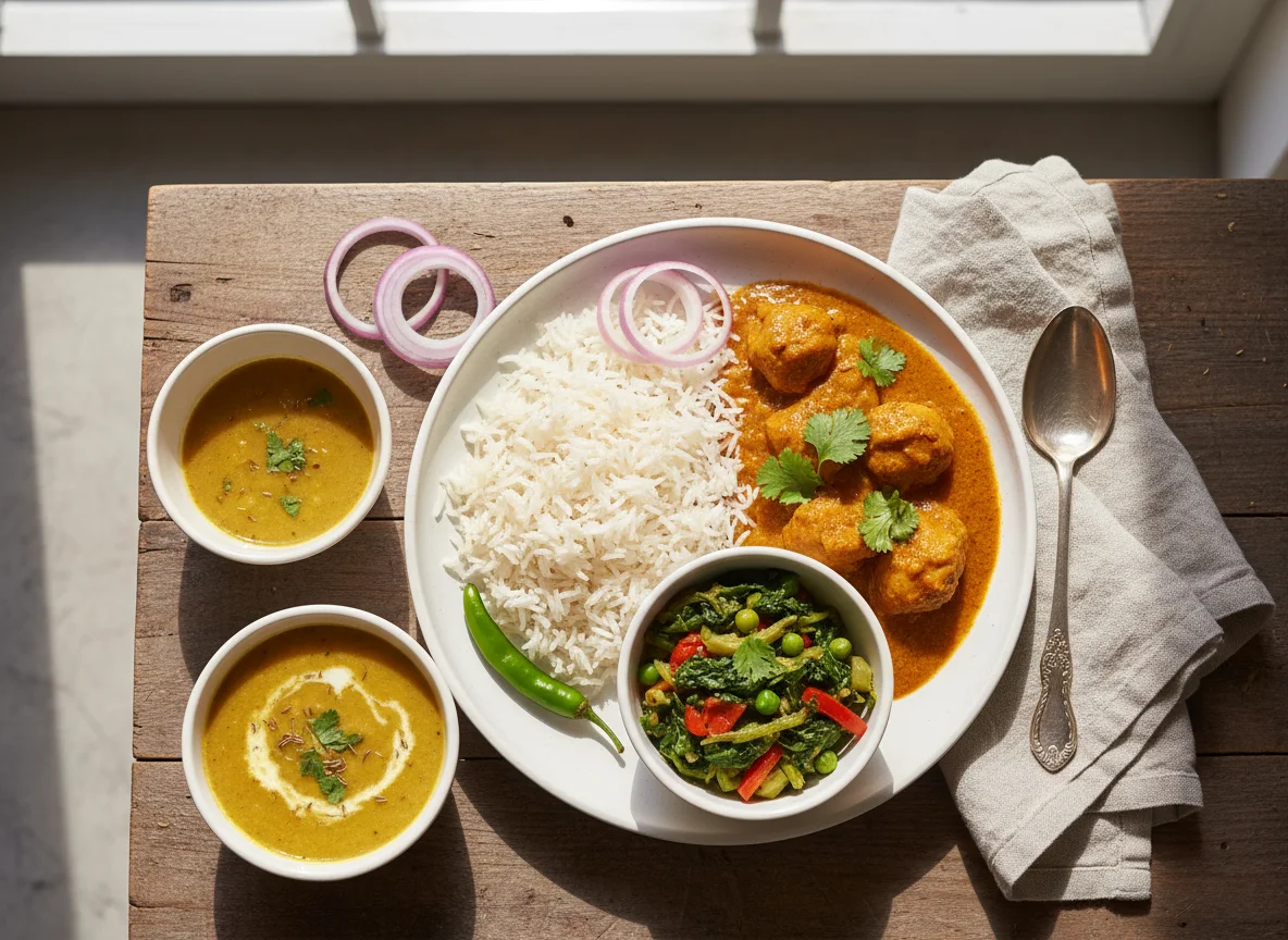 Rice with Chicken Curry and Sides photo