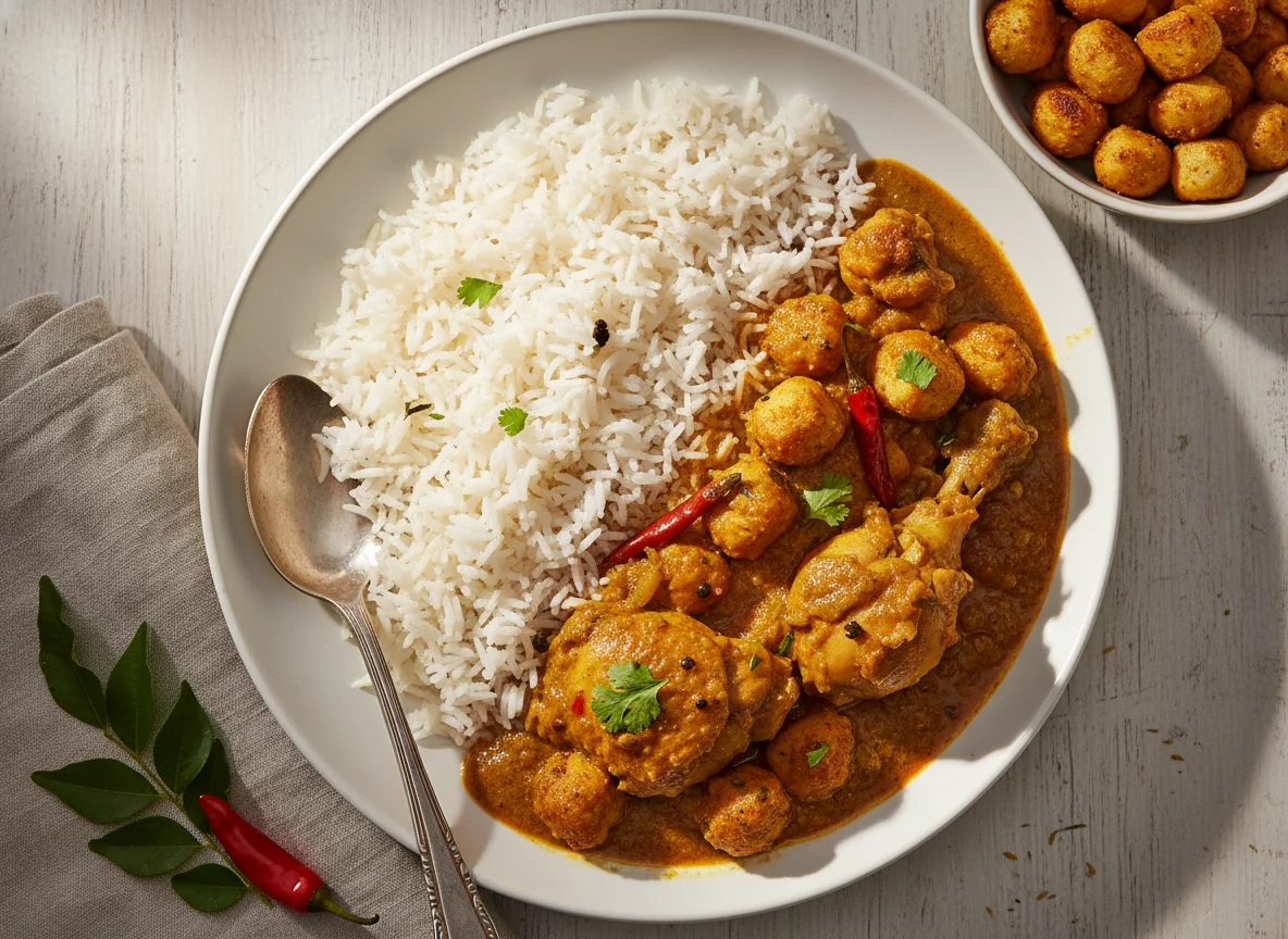 Rice with Chicken Curry and Soy Chunks photo