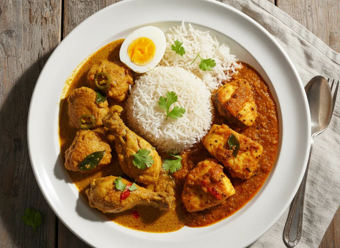 Rice with Chicken Curry, Boiled Egg, and Fish Curry photo