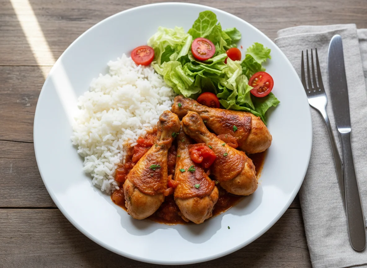 Rice with Chicken Stew and Salad photo