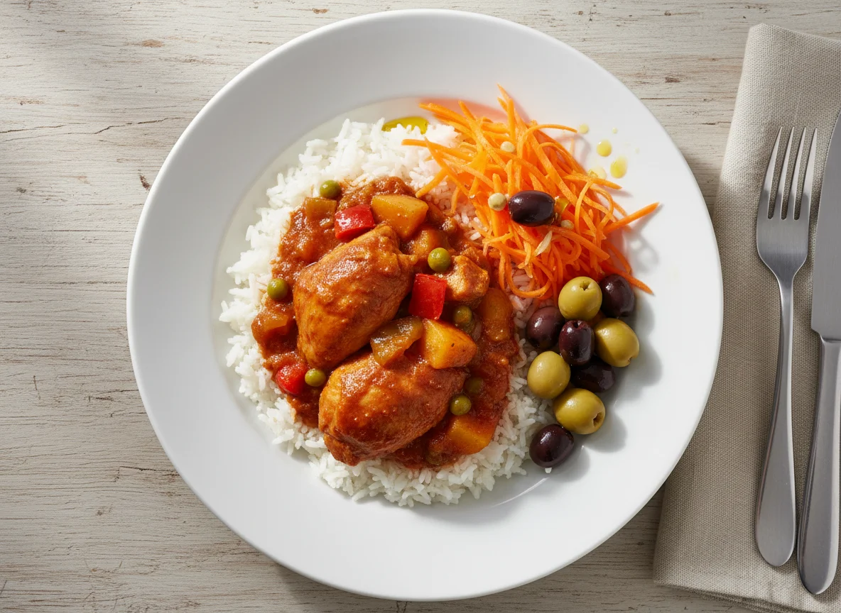 Rice with Chicken Stew, Shredded Carrots and Olives photo