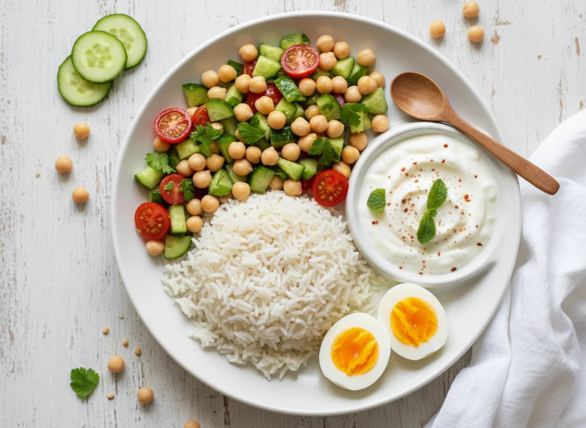 Rice with Chickpea Salad, Boiled Eggs, and Yogurt photo