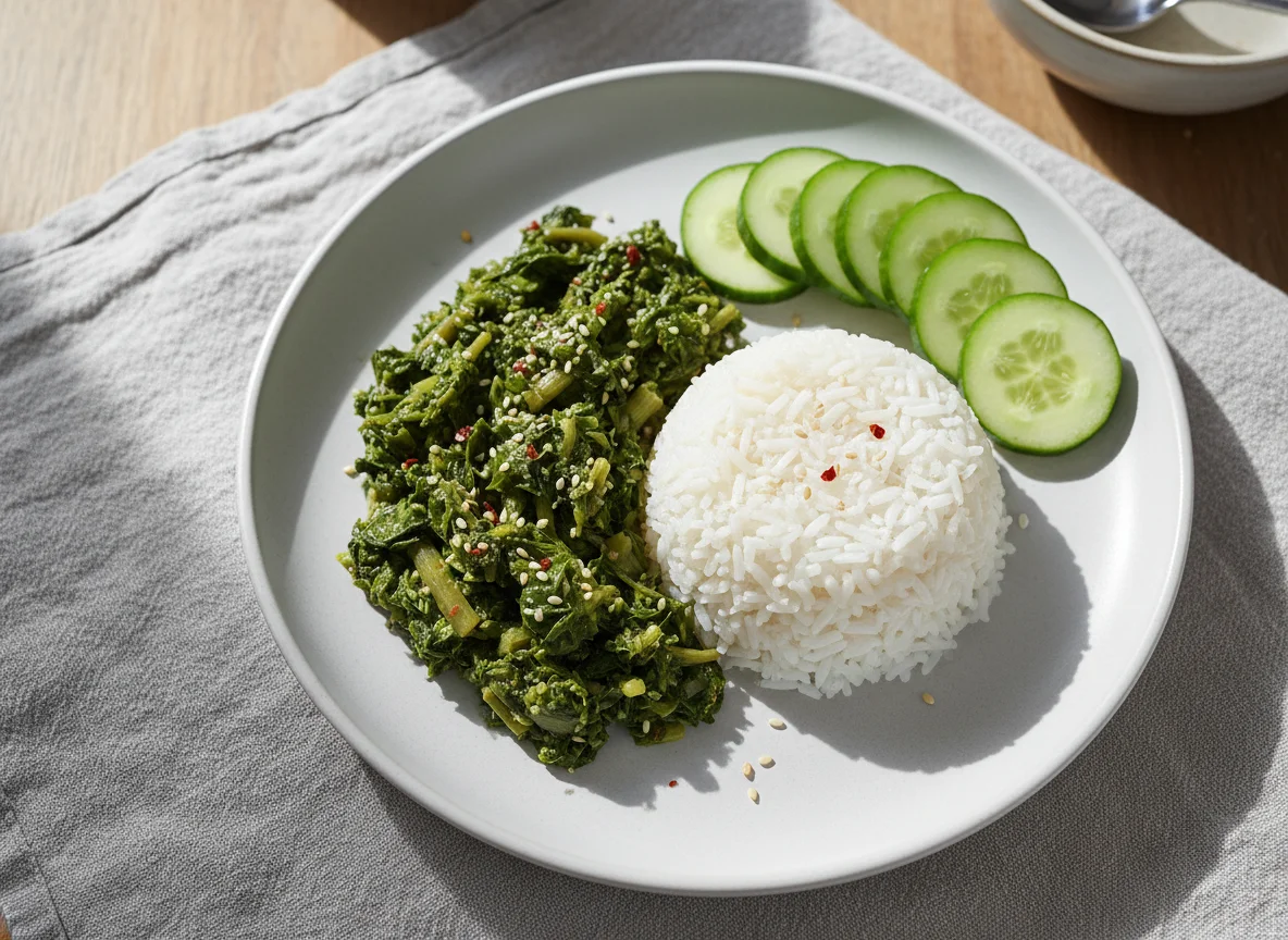 Rice with Cooked Greens and Cucumber photo