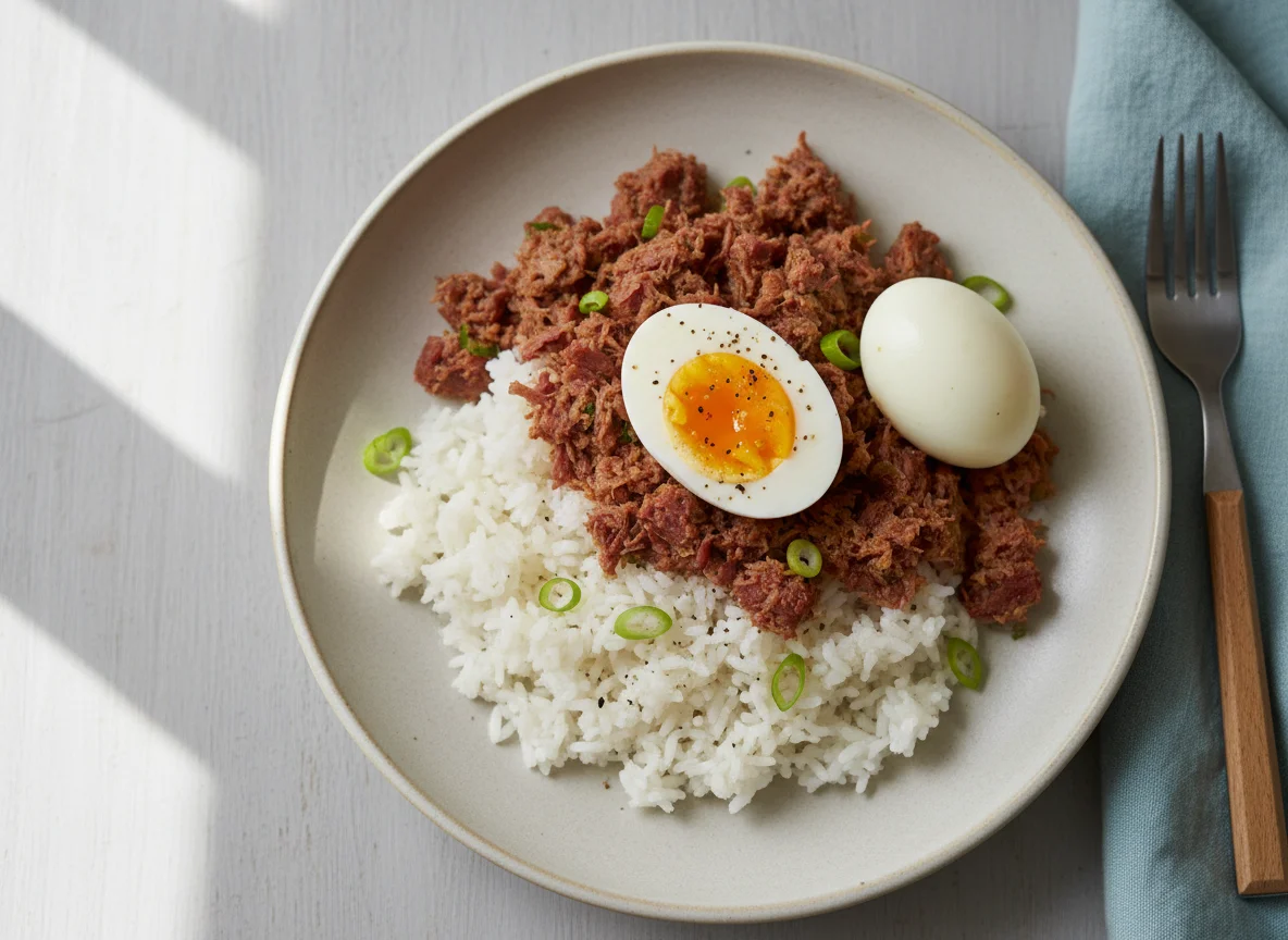 Rice with Corned Beef and Hard-Boiled Egg photo