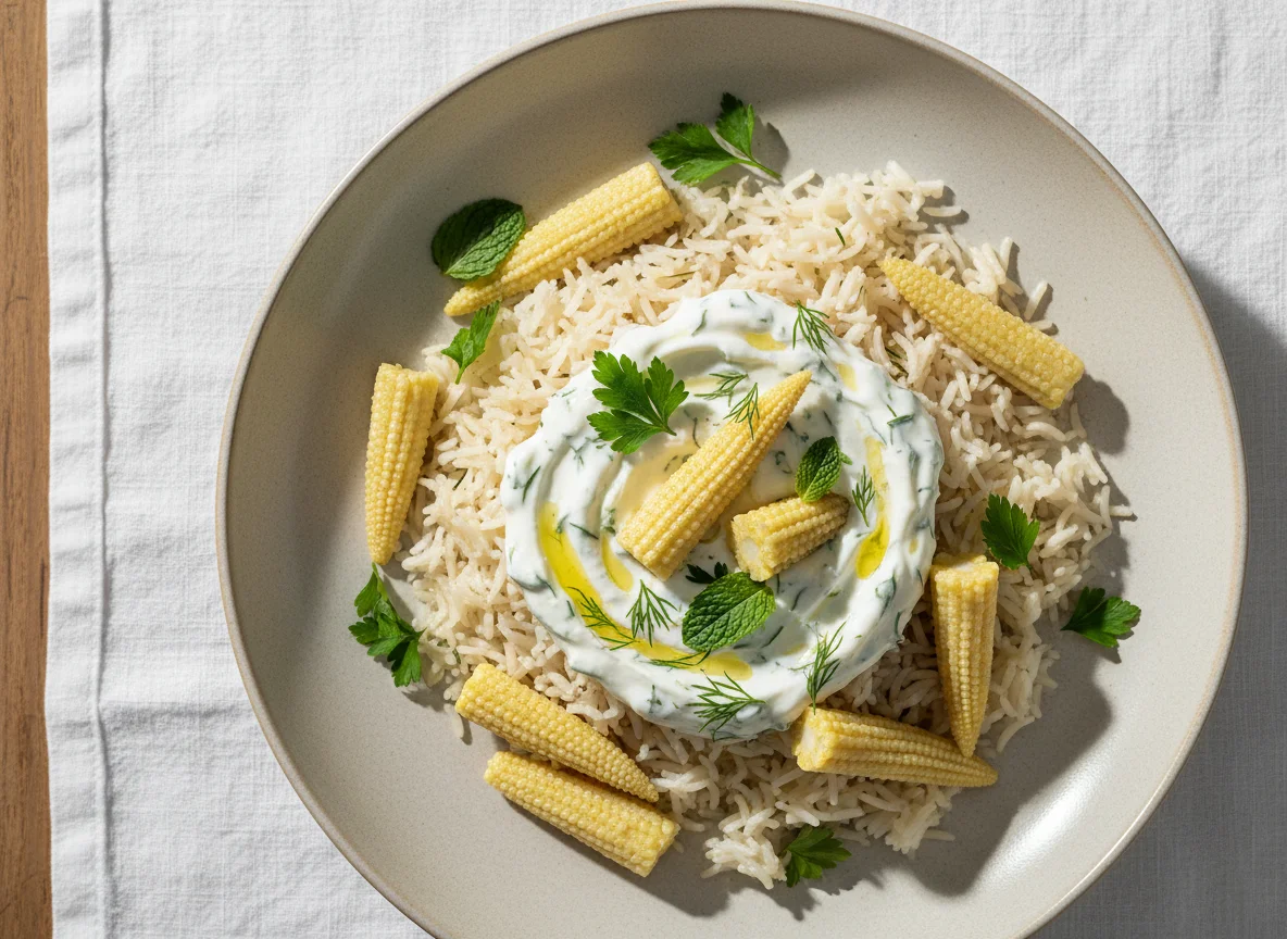 Rice with Creamy Sauce and Baby Corn photo
