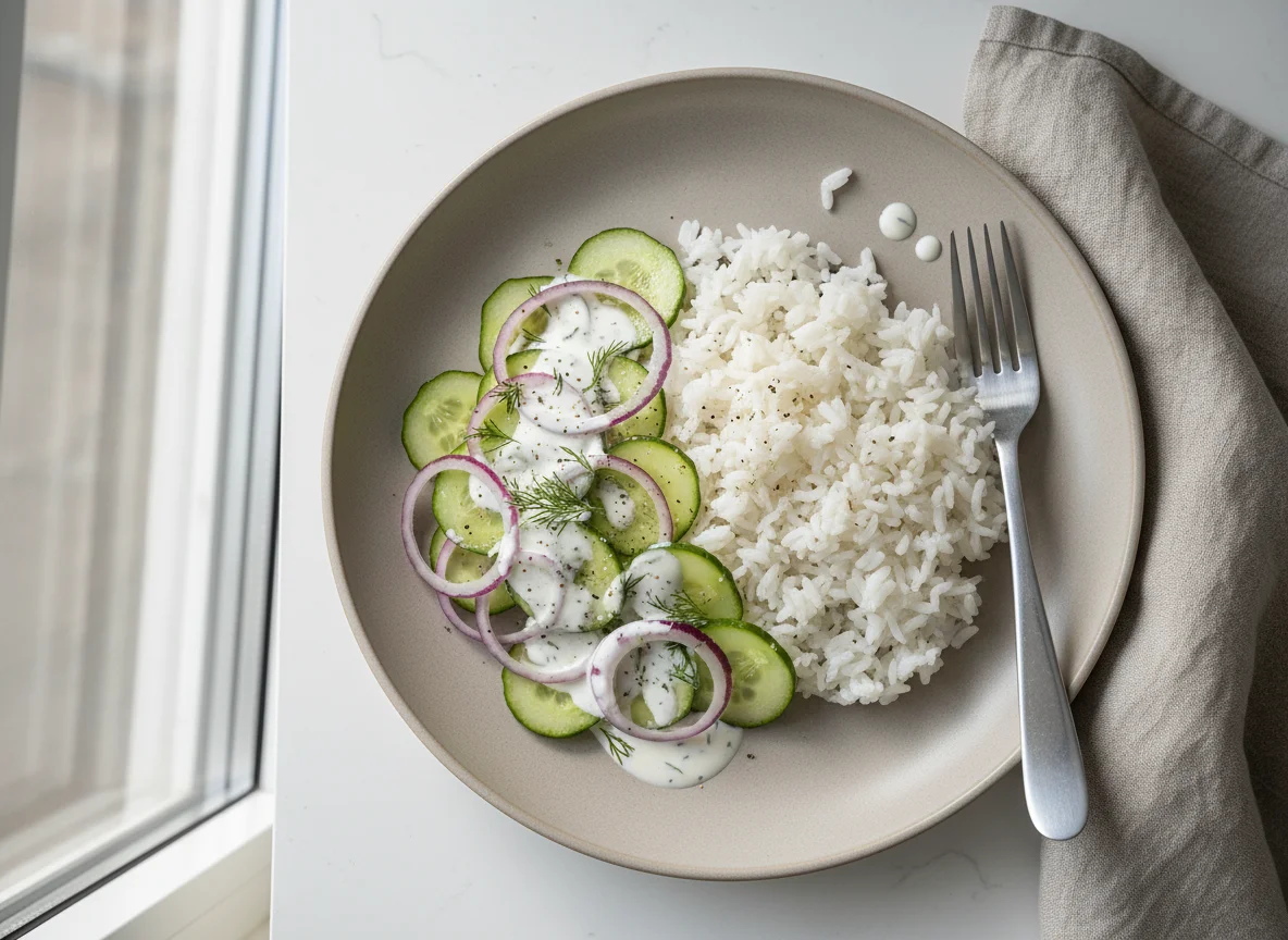 Rice with Cucumber and Red Onion Salad photo