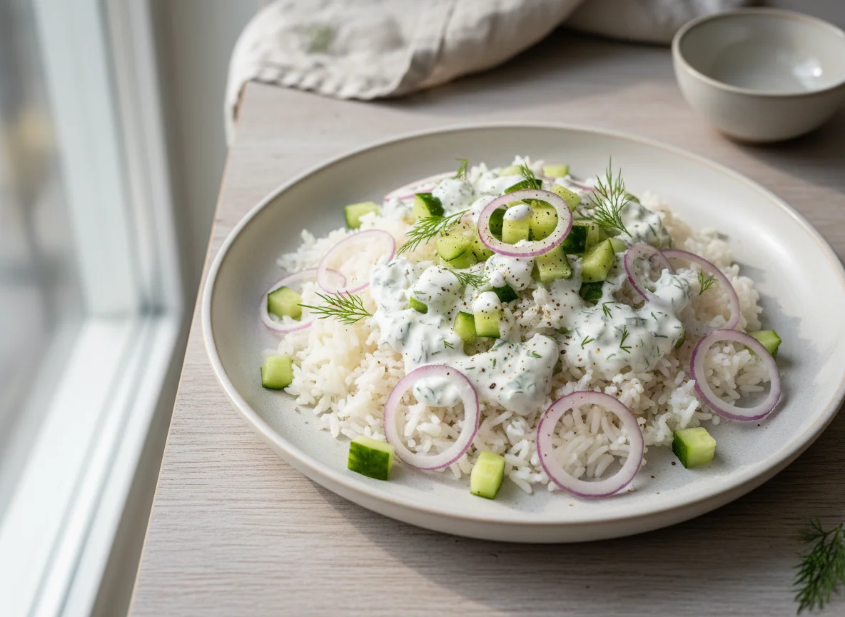 Rice with Cucumber and Red Onion Skyr Sauce photo