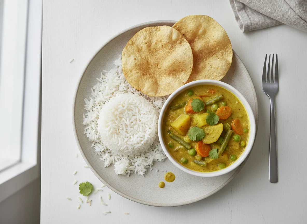 Rice with Curry and Papadum photo