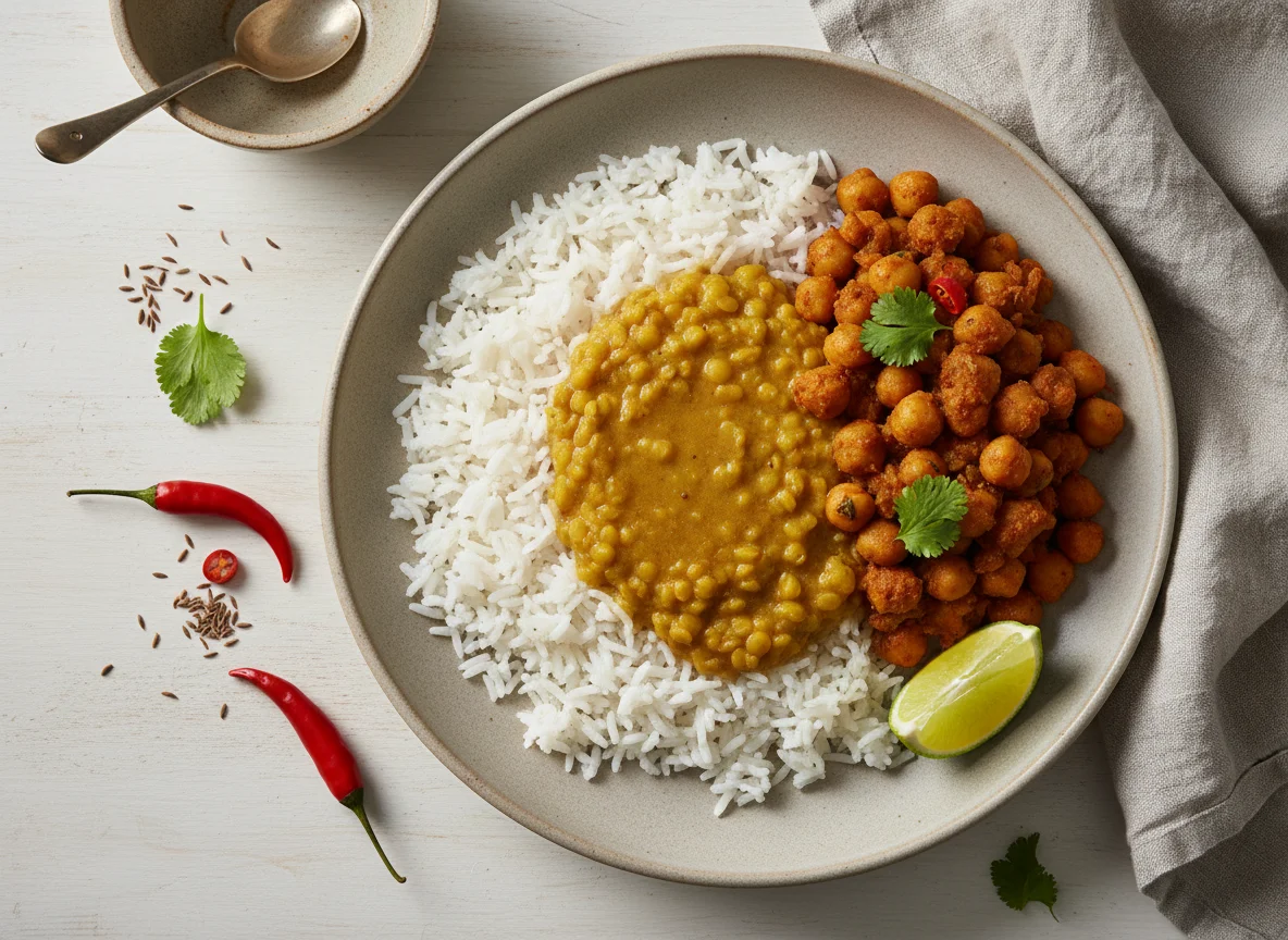 Rice with Dal and Chickpea Curry photo