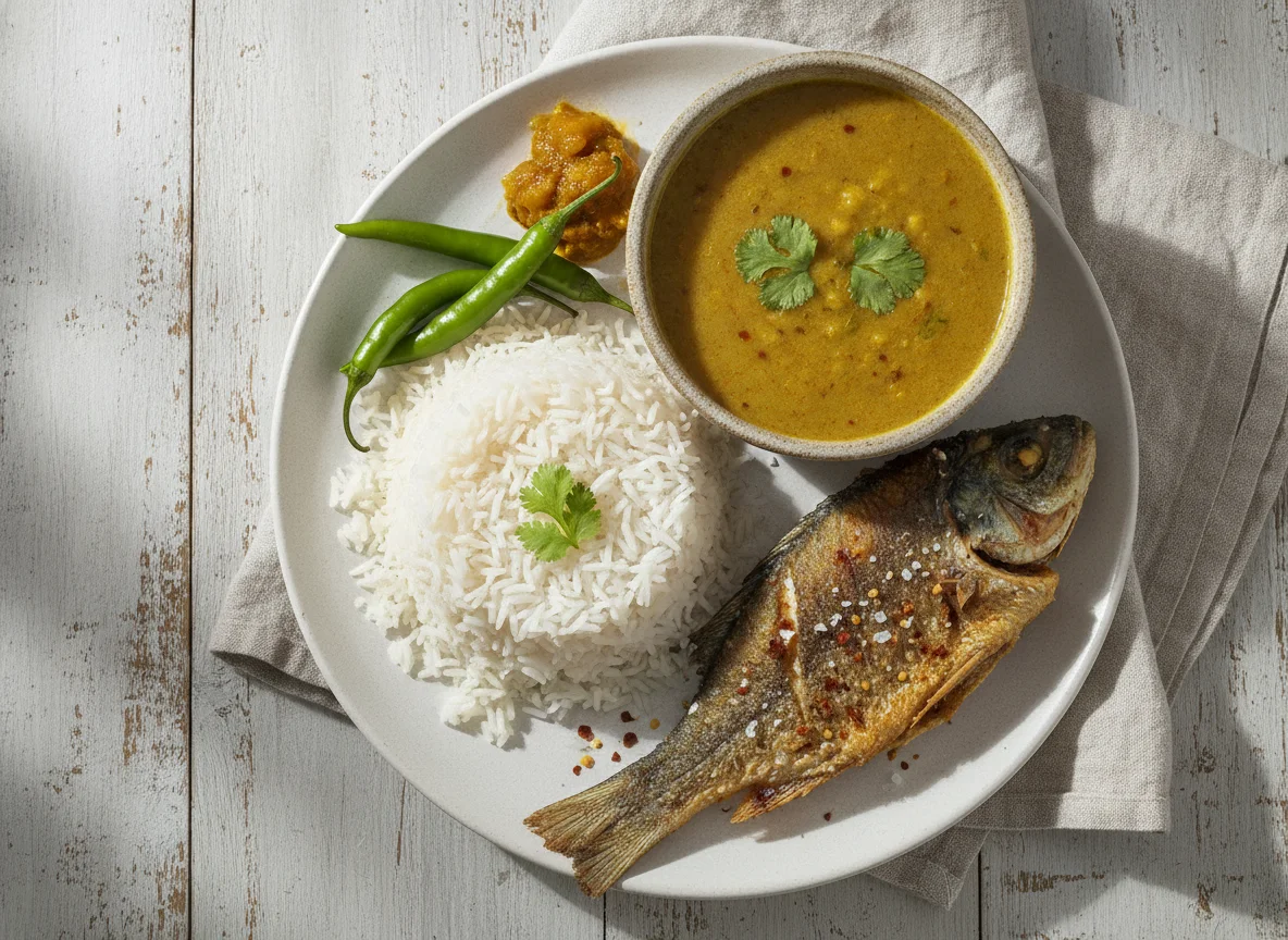 Rice with Dal and Fried Fish photo
