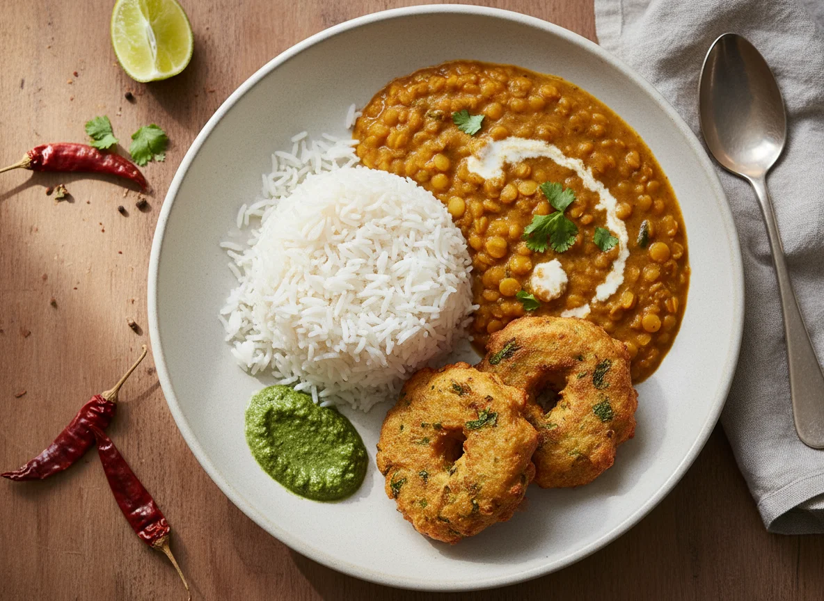 Rice with Dal and Fritter photo