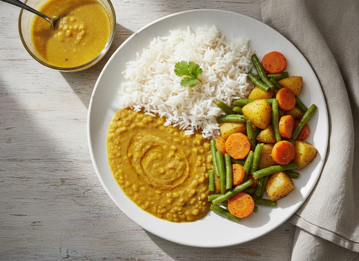 Rice with Dal and Mixed Vegetable Sabzi photo
