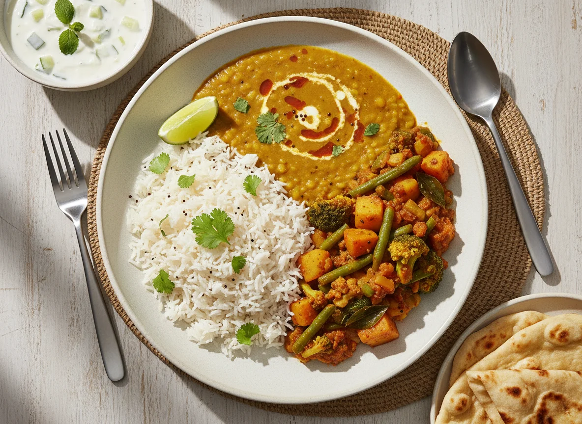 Rice with Dal and Vegetable Curry photo
