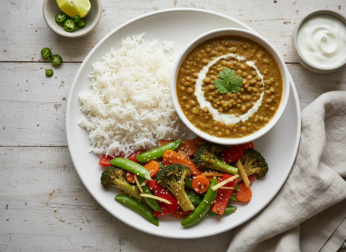 Rice with Dal and Vegetable Stir-fry photo